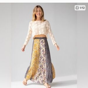 NATURAL LIFE Valentina Floral A-Line Skirt in Cream and Brown Size Medium